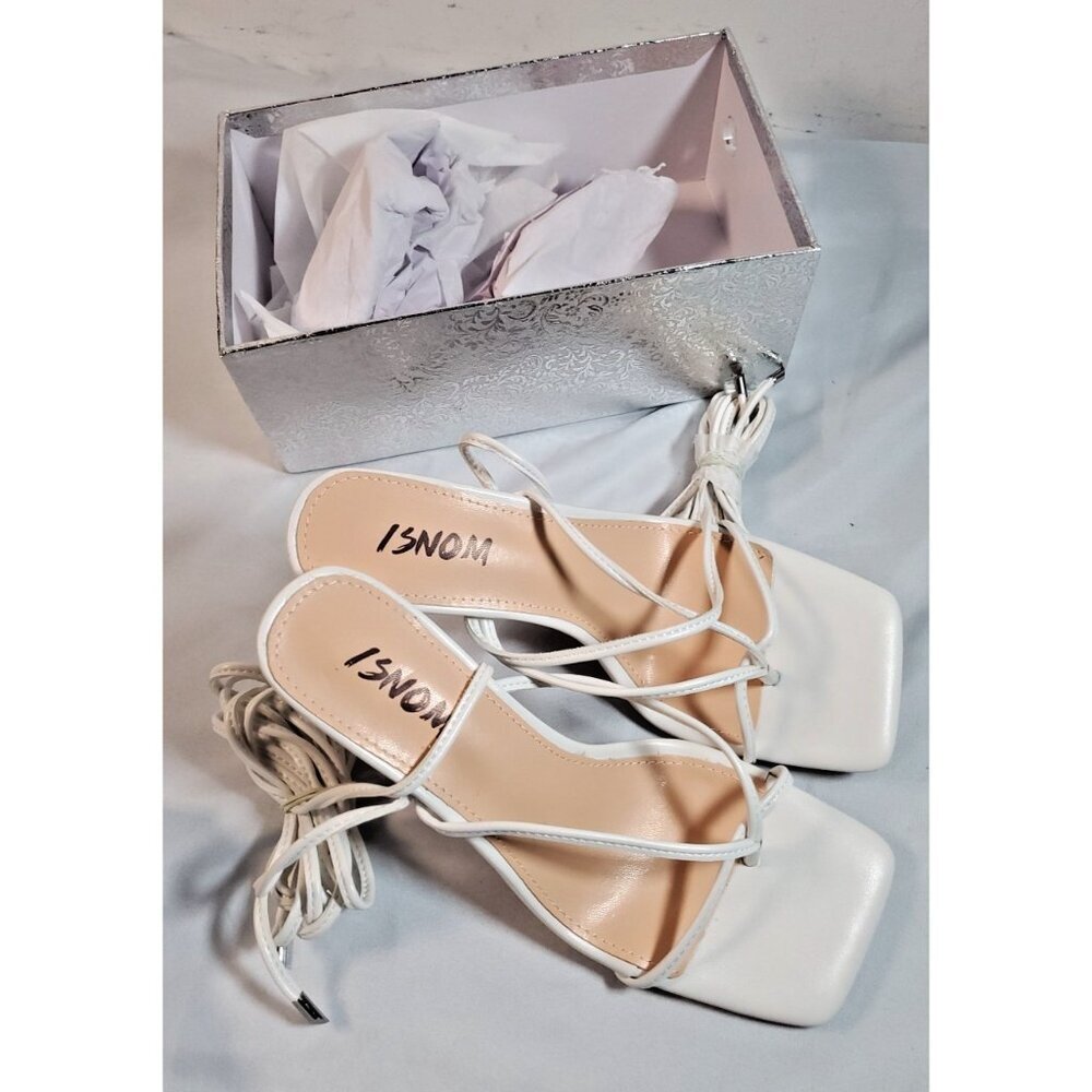 ISNOM White Women Heeled Sandals with Lace Up Strappy Ankle Size US 8 EU 38 - Picture 6 of 11